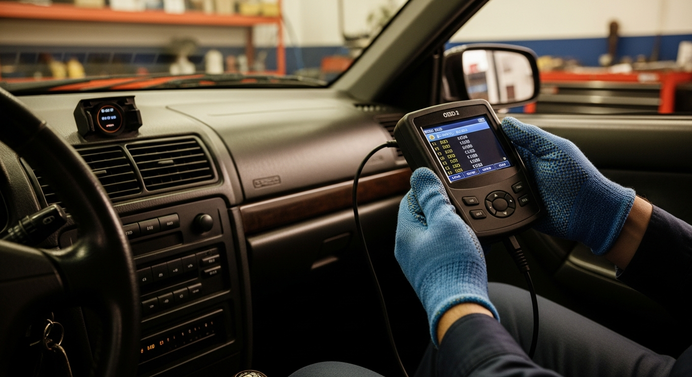 Mechaniker steckt OBD2-Diagnosegerät in die OBD-Buchse eines Autos unter dem Armaturenbrett